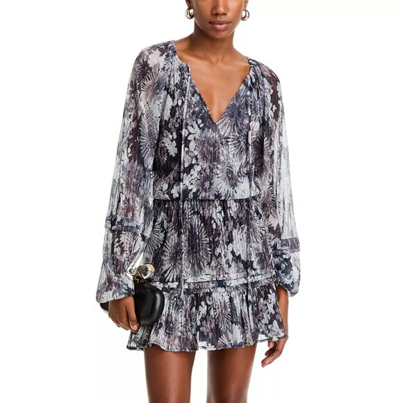 395$ Ramy Brook Floral Twilight Aaliyah Metallic Blouson Dress Size XS Dove Gray - Picture 1 of 5
